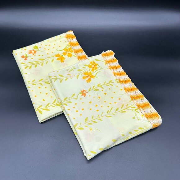 Vintage Floral Pillowcases Yellow Orange Crochet Lace Trim 1970s Standard Flower - Picture 1 of 8